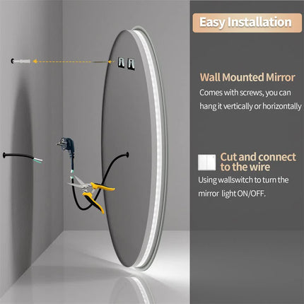 P&P Silver Mirror With White Frame Round LED Bathroom Mirror.