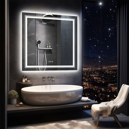 80x80cm Large Square Wall Mount Smart Led Bathroom Mirror Anti Fog Backlit Vanity Mirror.