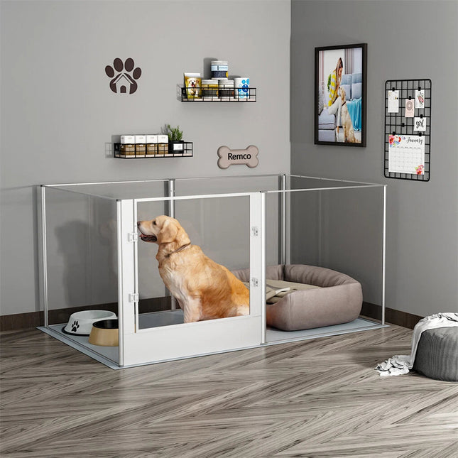 Silver Transparent Acrylic 6 Panel Dog Playpen Indoor Fence Whelping Box with Lock Door.