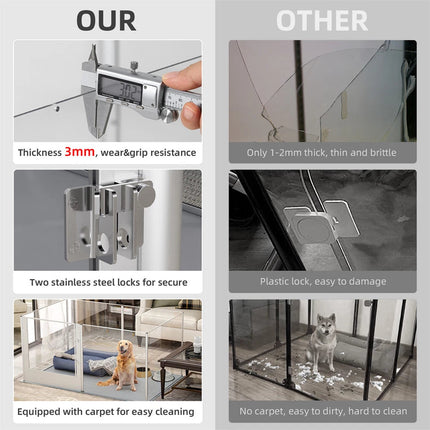 Silver Transparent Acrylic 6 Panel Dog Playpen Indoor Fence Whelping Box with Lock Door.