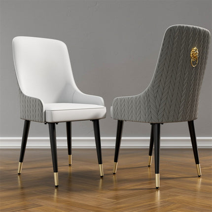 High-End Grey Dining Chairs Set of 2 Faux Leather Upholstered Kitchen Chairs with Gold Lion Head.