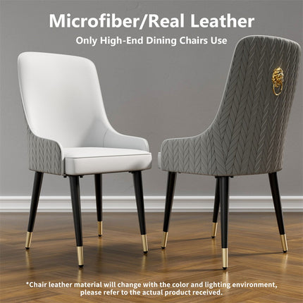 High-End Grey Dining Chairs Set of 2 Faux Leather Upholstered Kitchen Chairs with Gold Lion Head.