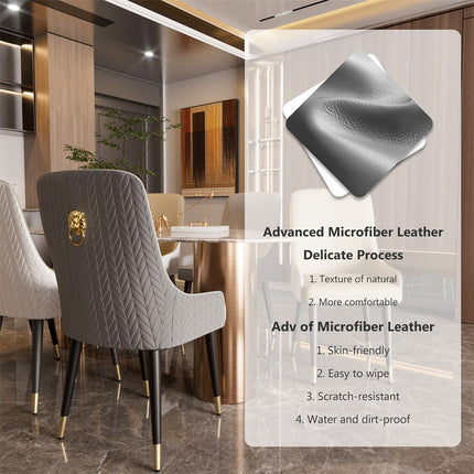 High-End Grey Dining Chairs Set of 2 Faux Leather Upholstered Kitchen Chairs with Gold Lion Head.