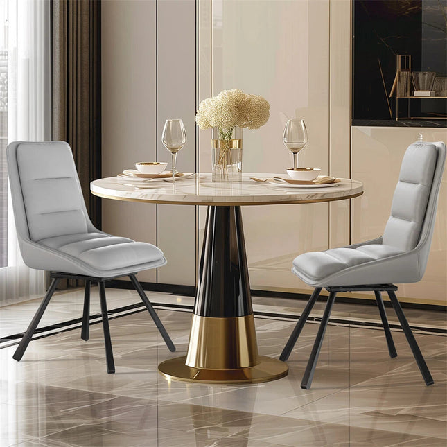 P&P Light Grey Set Of 2 Faux Leather Dining Chairs With Black Metal Legs Padded Modern Seats.