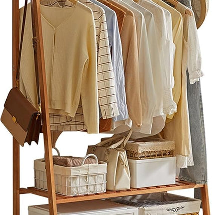 Bamboo Clothes Hanging Garment Rack Portable Laundry Rack Closet Storage Shelves.