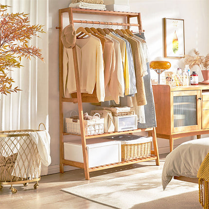 Bamboo Clothes Hanging Garment Rack Portable Laundry Rack Closet Storage Shelves.