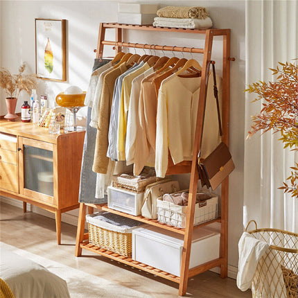 Bamboo Clothes Hanging Garment Rack Portable Laundry Rack Closet Storage Shelves.