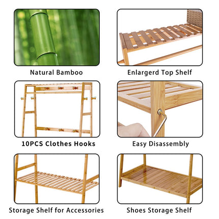 Bamboo Clothes Hanging Garment Rack Portable Laundry Rack Closet Storage Shelves.
