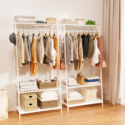 Large White Bamboo Garment Clothes Rack Shoes Coats Shelf w/ 3 Shelves & 10 Hook.