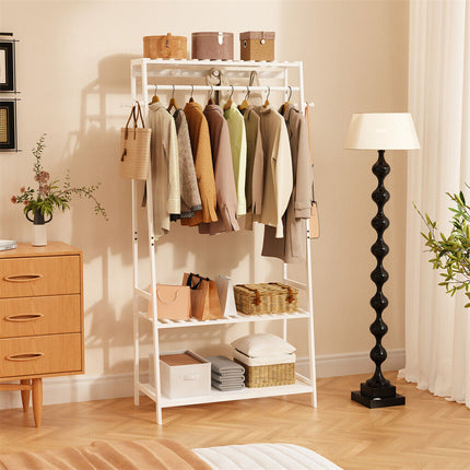 Large White Bamboo Garment Clothes Rack Shoes Coats Shelf w/ 3 Shelves & 10 Hook.