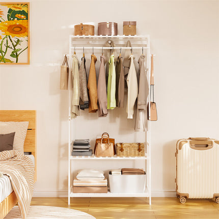 Large White Bamboo Garment Clothes Rack Shoes Coats Shelf w/ 3 Shelves & 10 Hook.