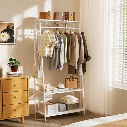 Large White Bamboo Garment Clothes Rack Shoes Coats Shelf w/ 3 Shelves & 10 Hook.