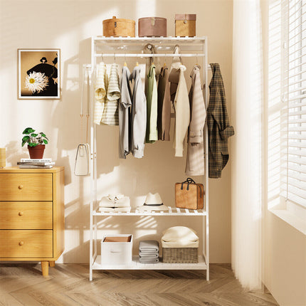 Large White Bamboo Garment Clothes Rack Shoes Coats Shelf w/ 3 Shelves & 10 Hook.