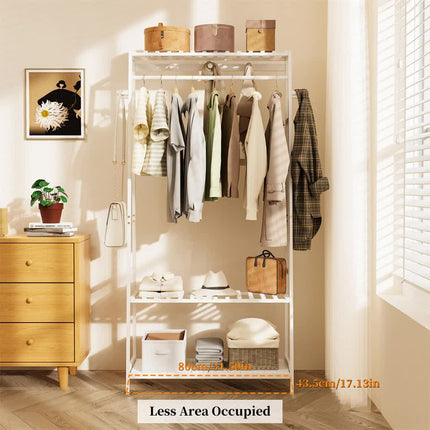 Large White Bamboo Garment Clothes Rack Shoes Coats Shelf w/ 3 Shelves & 10 Hook.