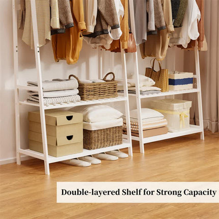 Large White Bamboo Garment Clothes Rack Shoes Coats Shelf w/ 3 Shelves & 10 Hook.