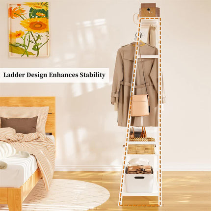 Large White Bamboo Garment Clothes Rack Shoes Coats Shelf w/ 3 Shelves & 10 Hook.