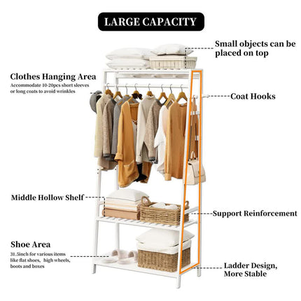 Large White Bamboo Garment Clothes Rack Shoes Coats Shelf w/ 3 Shelves & 10 Hook.