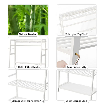 Large White Bamboo Garment Clothes Rack Shoes Coats Shelf w/ 3 Shelves & 10 Hook.