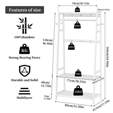 Large White Bamboo Garment Clothes Rack Shoes Coats Shelf w/ 3 Shelves & 10 Hook.