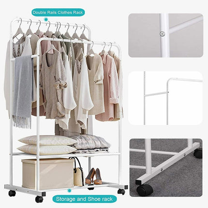 Heavy Duty Double Rail Garment Rack Rolling Clothes Rack 2Tier Storage Shelf.