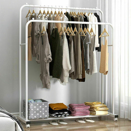 Heavy Duty Double Clothes Rail Rack Garment Hanging Display Stand 4 Wheel Armoir.