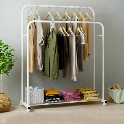 Heavy Duty Double Clothes Rail Rack Garment Hanging Display Stand 4 Wheel Armoir.