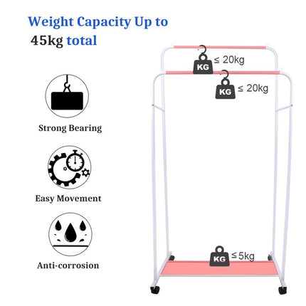 Heavy Duty Double Clothes Rail Rack Garment Hanging Display Stand 4 Wheel Armoir.