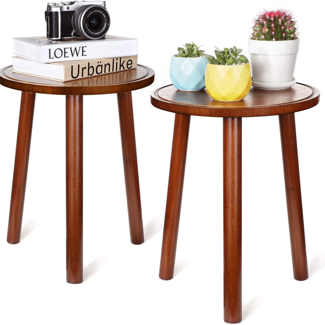 2Pcs Small Side Table Round End Table Wood Plant Stand Super Thick 3-Legs Stool.