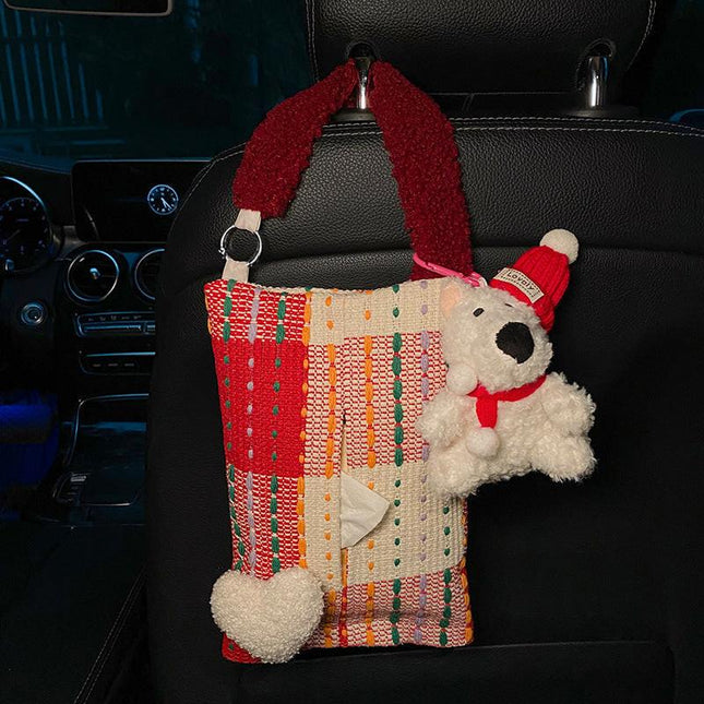 Cute Red Bear Car Tissue Holder - Woven Design.