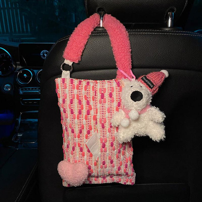 Cute Pink Bear Car Tissue Holder - Woven Design.