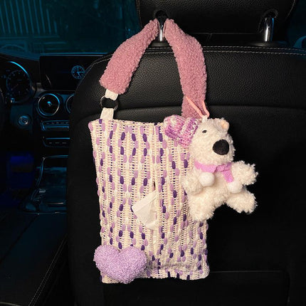 Cute Purple Bear Car Tissue Holder - Woven Design.