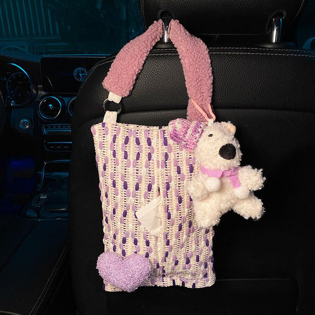 Cute Purple Bear Car Tissue Holder - Woven Design.