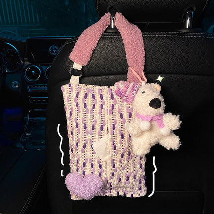 Cute Purple Bear Car Tissue Holder - Woven Design.