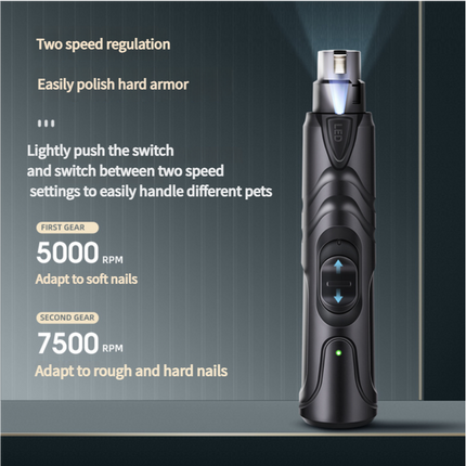 Dual-Speed Pet Nail Grinder with LED Light, USB Rechargeable, 5000-7500 RPM for Safe and Painless Grooming.
