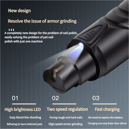 Dual-Speed Pet Nail Grinder with LED Light, USB Rechargeable, 5000-7500 RPM for Safe and Painless Grooming.