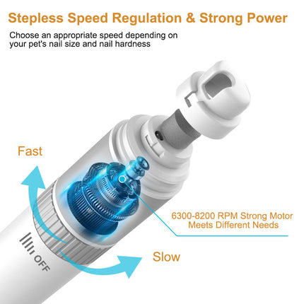 Rechargeable Pet Nail Grinder with Quiet Motor and LED Lights- USB Charging, Two-Speed Settings.
