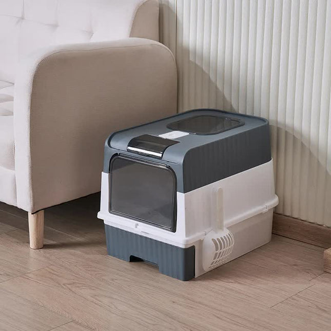 Large Enclosed Cat Litter Box with Drawer and Scoop - Odor Control, Removable Tray, Easy Clean Design.