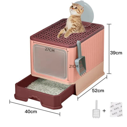 Top-Entry Cat Litter Box with Drawer-Enclosed Design, Easy Clean, Odor Control, Anti-Tracking Lid Pink.
