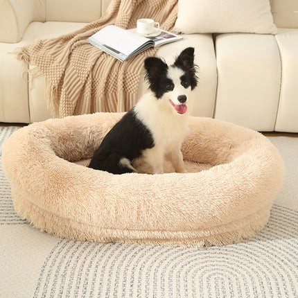 Fluffy Donut-Shaped Pet Bed- Soft, Cozy, and Anti-Anxiety for Dogs and Cats, Machine Washable  Light Brown Size:L 90*65*20cm.