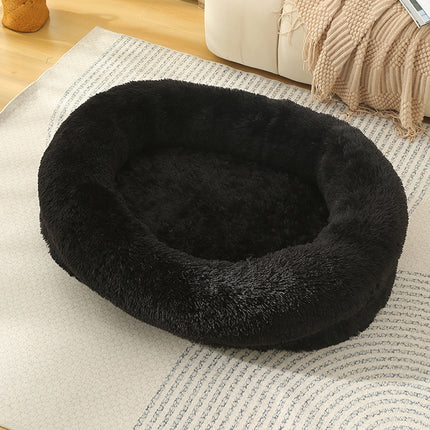 Fluffy Donut-Shaped Pet Bed- Soft, Cozy, and Anti-Anxiety for Dogs and Cats, Machine Washable  Black Size:M 75*55*18cm.