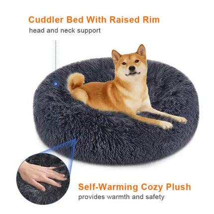 Calming Donut Pet Bed -Soft Faux Fur, Anti-Anxiety Fluffy Round Bed for Cats and Small Dogs (Beige Brown)50cm.