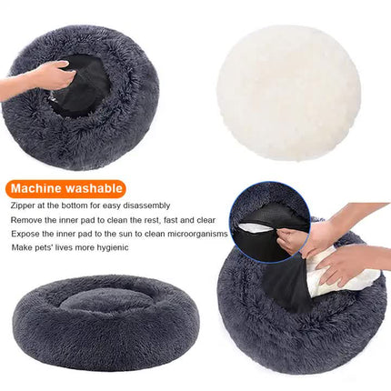 Calming Donut Pet Bed -Soft Faux Fur, Anti-Anxiety Fluffy Round Bed for Cats and Small Dogs (Beige Brown)50cm.