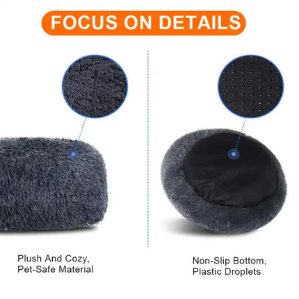 Calming Donut Pet Bed -Soft Faux Fur, Anti-Anxiety Fluffy Round Bed for Cats and Small Dogs (Beige Brown)50cm.