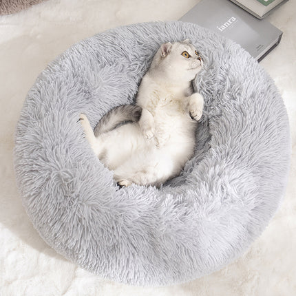 Calming Donut Pet Bed -Soft Faux Fur, Anti-Anxiety Fluffy Round Bed for Cats and Small Dogs (Beige Brown)50cm.