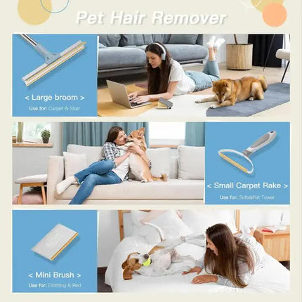 Pet Hair Removal Tool Set - Multi-Purpose Sweeper with Scraper and Handheld Fur Remover  Grey.