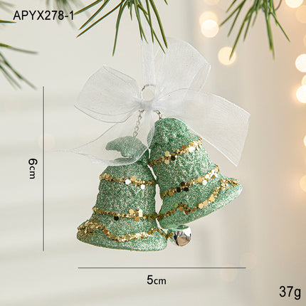 Green Glitter Christmas Bell Ornaments with White Bow - Hanging Holiday Decoration 5 pieces.