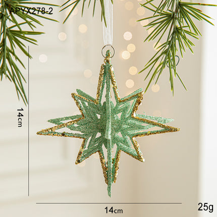 Green Glitter 3D Star Ornament with Gold Accents -Hanging Christmas Decoration 5 pieces.