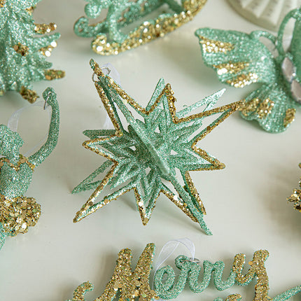 Green Glitter 3D Star Ornament with Gold Accents -Hanging Christmas Decoration 5 pieces.