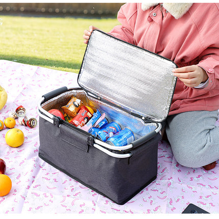 Insulated Picnic Basket with Aluminum Frame - Portable Collapsible Cooler Bag 18L 40*20*23cm(Yellow plaid).