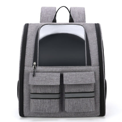 Grey Collapsible Pet Carrier Backpack with Trolley Sleeve.